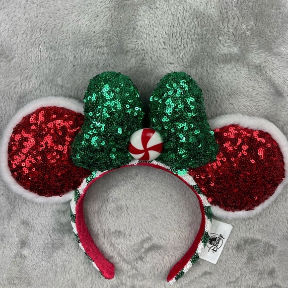 Disney Parks Christmas Candy Cane Minnie Mouse Ears Sequins Headband Adult Size - Picture 3 of 7
